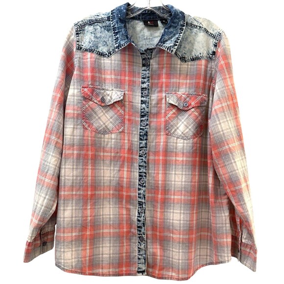 ALC Woman Button Up Collared Shirt Plus Size 1X Multicolor Mixed Plaid Denim Top - Picture 1 of 7